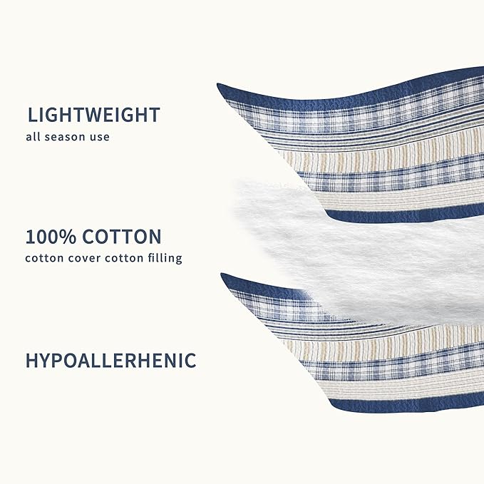 Homzard King Size Comforter Set - 100% Cotton Blue White Tan Quilt King Size,Farmhouse Plaid Striped Bedspread Set,Reversible Lightweight Quilts 3 Pieces