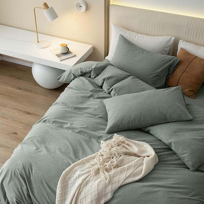 JIYUAN 100% Washed Cotton Duvet Cover Set 3 Pieces Super Queen, 1 Duvet Cover 90x98 Inches(Comforter Not Included) and 2 Pillowcases,Linen Feel Bedding Set Comfy and Breathable, Heathered Green