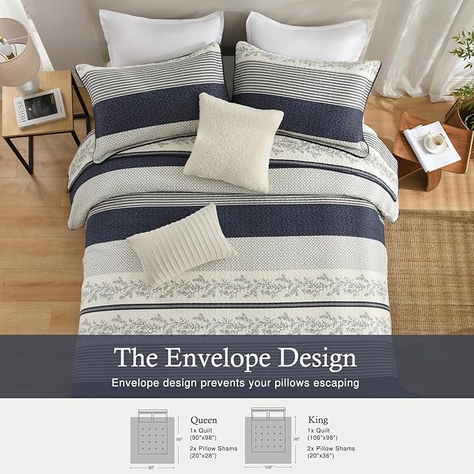 Stripe Quilt King Size - 100% Cotton Lightweight King Quilt Bedding Set, Vintage Vine Pattern Quilted Bedspread with 2 Pillow Shams, Farmhouse Printed Bed Coverlet for All Season, Navy/Gray