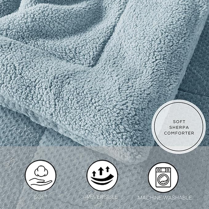 KASENTEX Super Ultra Soft Luxury Plush Sherpa Comforter Queen Size, Cozy Reversible Faux Fur Machine Washable Bedding, Cloud Blue