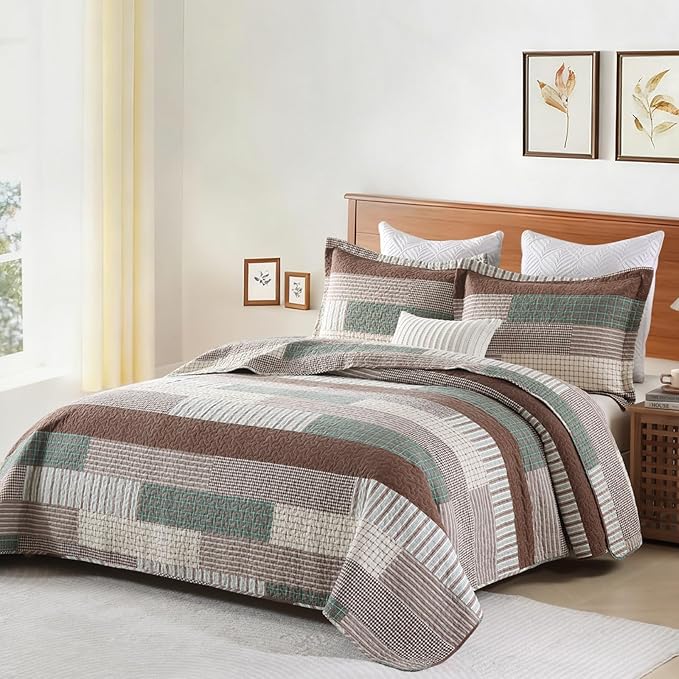 Uniclinens Plaid Quilt King Size, 100% Cotton Patchwork Quilt Bedding Set, Brown Lightweight Farmhouse Bedspread/Coverlet/Comforter Set, 3 Pieces Set with 2 Pillowshams, Brown/Green/Cream