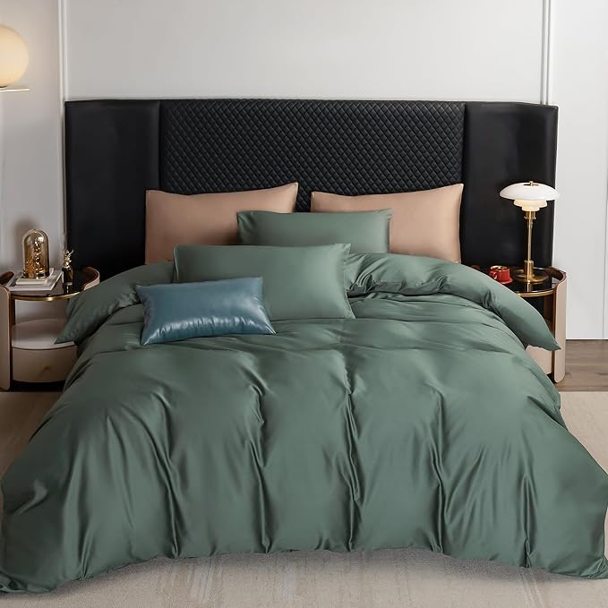 MooMee Queen Duvet Cover Set, 100% Extra Long Staple Cotton 600 Thread Count Sateen Silky Soft Breathable Durable Luxury Hotel Quality Bedding Set, 3 Pieces (Dark Green, Queen 90"x90")