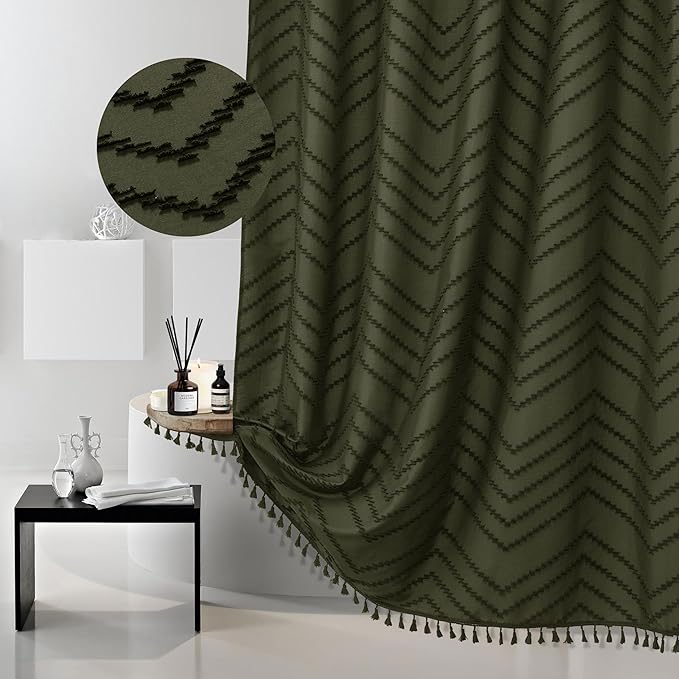 Boho Extra Long Olive Green Shower Curtain with Tassel, Woven Fabric, Tufted Chevron Striped, 72 x 78, Modern Chic Textured Minimalist