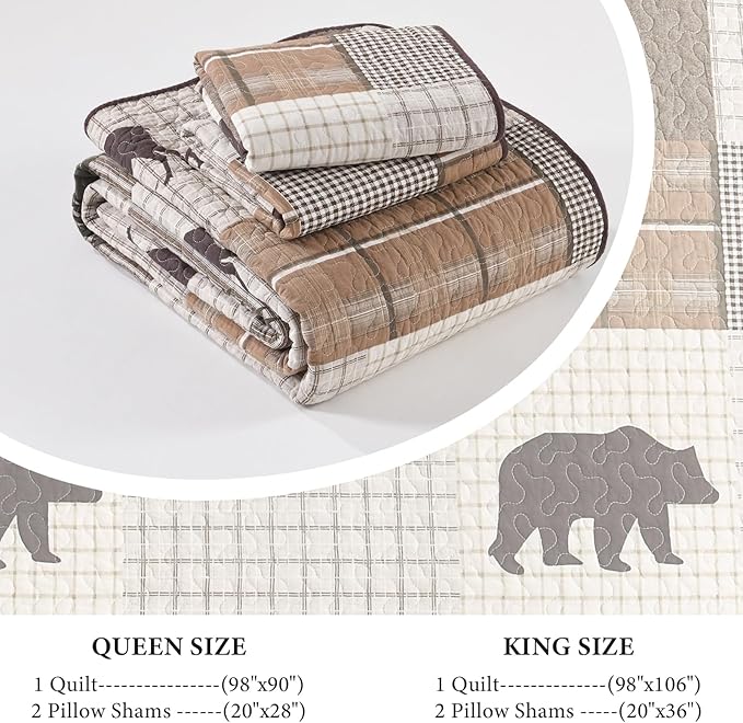 Uniclinens 100% Cotton Quilts King Size - Farmhouse Cabin Lodge Bear Deer Tree King Quilt Set, Soft Patchwork Plaid Bedspread Lightweight Quilted Comforter with 2 Pillow Shams, Green/Brown/Cream