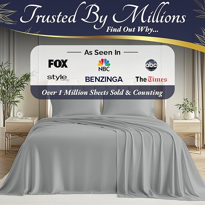 DECOLURE 100% Viscose Derived from Bamboo Sheets Cal King Size 4pcs - Ultra Soft & Luxuriously Cooling, 17" Deep Pocket,Double Stitching,Perfect for Hot Sleepers - King Bed Sheets (Light Grey)