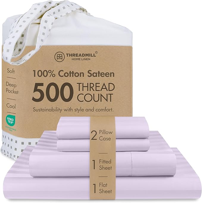 Threadmill 500 Thread Count King Size Damask Stripe, 4 Pc Luxury Cotton Bed Sheet Set, Silky Soft & Breathable Lilac Sheets with 16" Elasticized Deep Pocket, 2 Pillowcases & Free Tote Bag