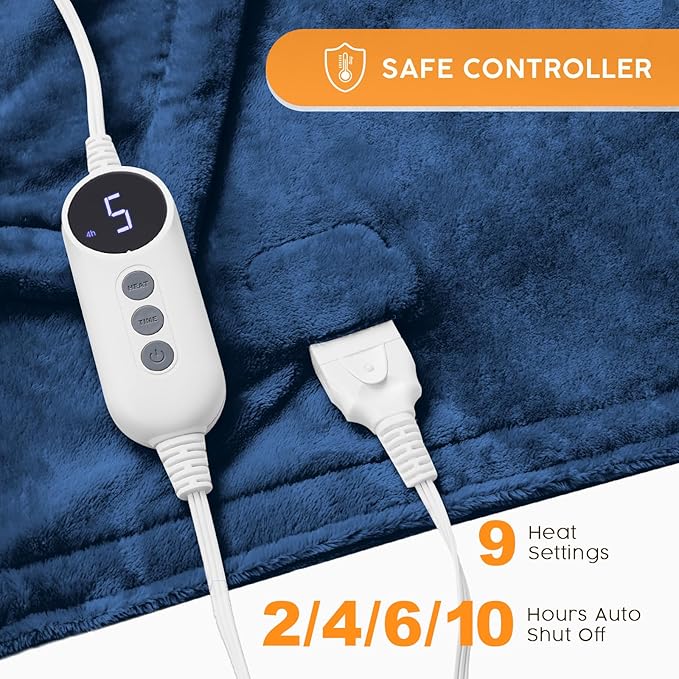 HYLEORY Heated Electric Blanket Throw, 2-Layer Cozy Warm Flannel 62" x 84", Heating Blanket with 9 Heating Levels, 2/4/6/10 Hours Auto Off, Fast Heating Winter Blanket, Navy Blue