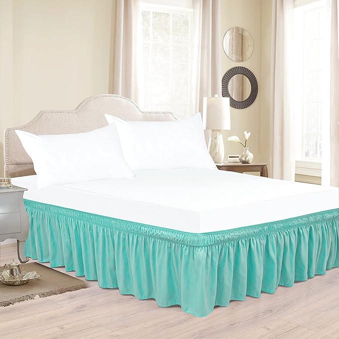 Biscaynebay Wrap Around Bed Skirts for King & Cal King Beds with Short Drop of 12", Aqua Adjustable Elastic Dust Ruffles Easy Fit Wrinkle Resistant Silky Luxurious Fabric Machine Washable