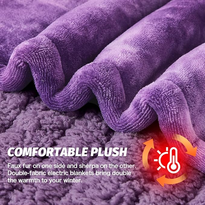greenoak Heated Electric Blanket Throw, Faux Fur Sherpa Heating Blanket for Sofa Bed, Warm Winter Gifts for Women/Her, Heater Lap Blankets 5-Position Timer &10 Heating Levels 72''*84" Purple