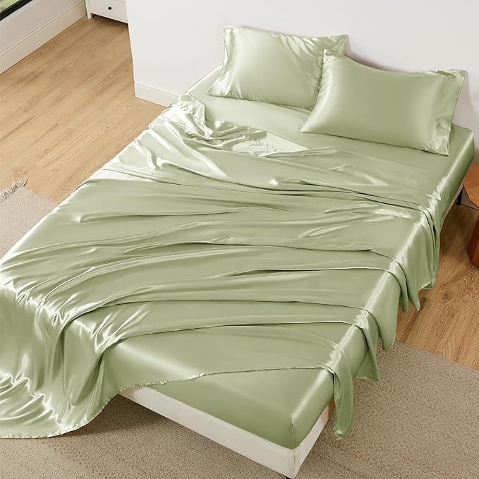 Bedsure Satin Sheets King Size - 4 Piece Silky Bedsheets with Elastic Corner Straps and 15 Inches Deep Pocket Fitted Bedsheet,1 Flat Sheet, 2 Satin Pillowcases, Good for Hair & Skin (King, Sage Green)