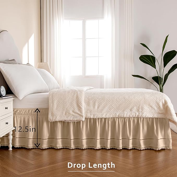 MIYE Wrap Around Ruffled Lace Bed Skirt, Elastic Dust Ruffle with Adjustable Belts, Easy to Put On, Bed Frame Cover, Machine Washable (Floral Lace/Beige, Full/Twin-12.5" Drop)