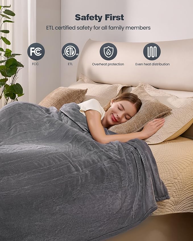 Heated Electric Blanket King- Super Soft Heating Blanket, Dual Control & 9 Heat Settings, 10 Hours Auto Off, Soft Flannel to Sherpa, Fast Heating Electric Throw, Machine Washable, 90 x 100''- Grey