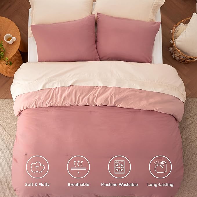 Bedsure Full Size Comforter Set, Reversible Pink Clay Soft Prewashed Bedding for All Seasons, 3 Pieces Warm Down Alternative Bed Set, 1 Lightweight Comforter (82"x86") and 2 Pillowcases (20"x26")