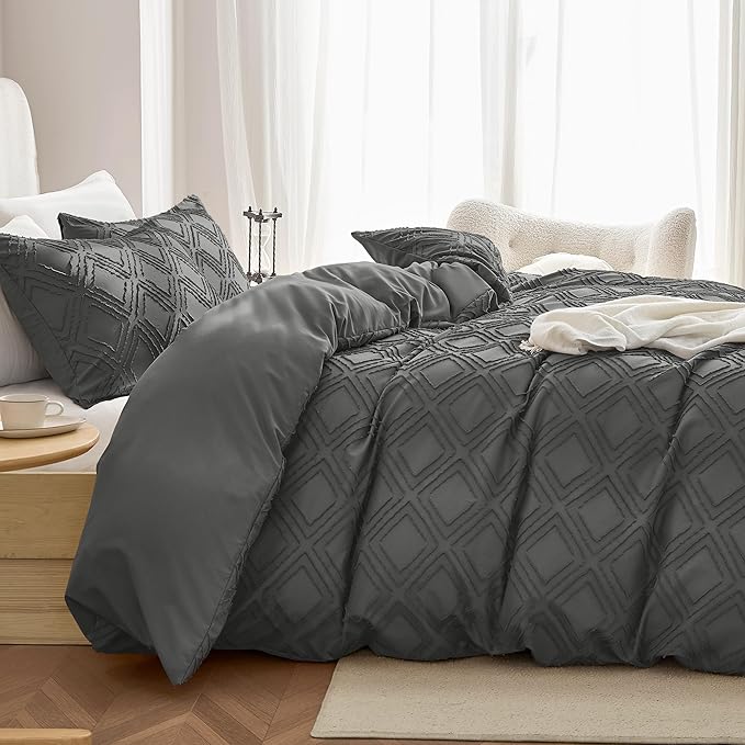 JELLYMONI Duvet Cover Queen Size Dark Grey - 3PCS Boho Duvet Cover Set Plaid Polyester Tufted Bohemian Jacquard Knit Textured Comforter Cover 90×90in Rhombic Geometric Pattern Zipper Corner Tie