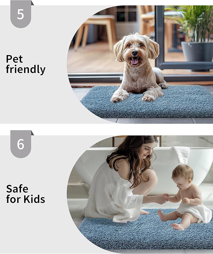 Bathroom Rug 20x32 Non Slip Fluffy Blue Bath Mat for Bathroom Floor Washable Plush Luxury Bath Rug for Tub Soft Shaggy Absorbent Shower Sink Mat