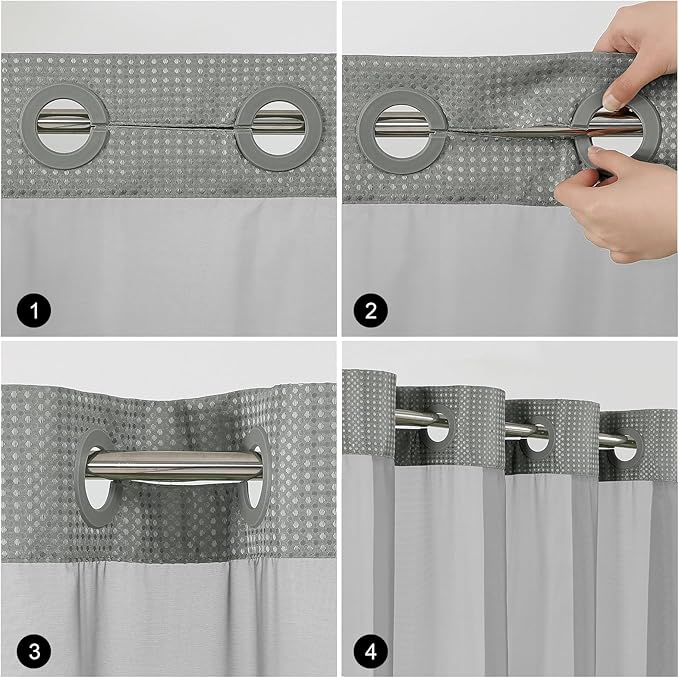 Colorful Star No Hook Shower Curtain with Snap in Fabric Liner, Waffle Weave Heavy Duty Thick Shower Curtains with Mesh Top Window, Hotel Style Waterproof Bathroom Curtain Set, 72 x 75 Inch, Grey