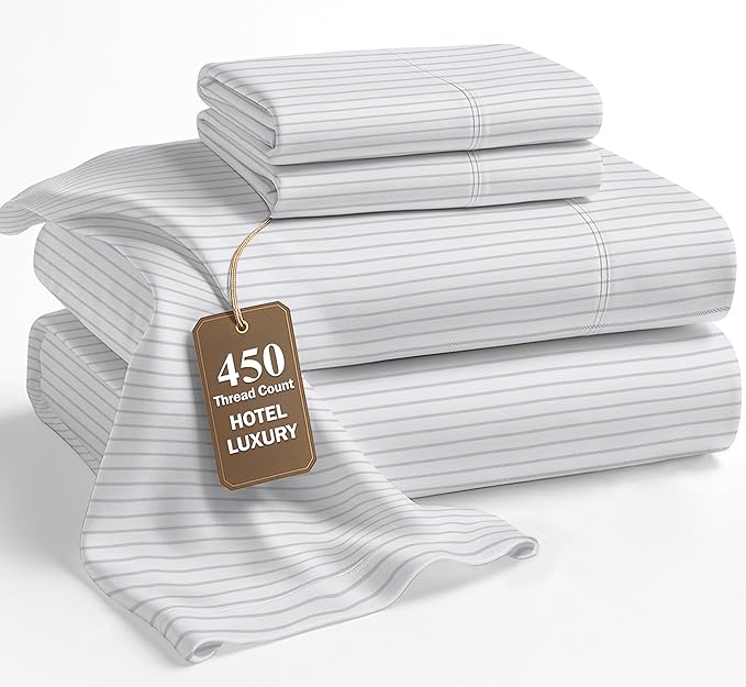 LANE LINEN Cal King Sheets – 450 Thread Count 100% Cotton Bedding Sheets & Pillowcases, Soft Sateen Weave, 15” Deep Pocket Fully Elasticized Fitted Sheet, Luxury Hotel Bedding, Ticking Stripe