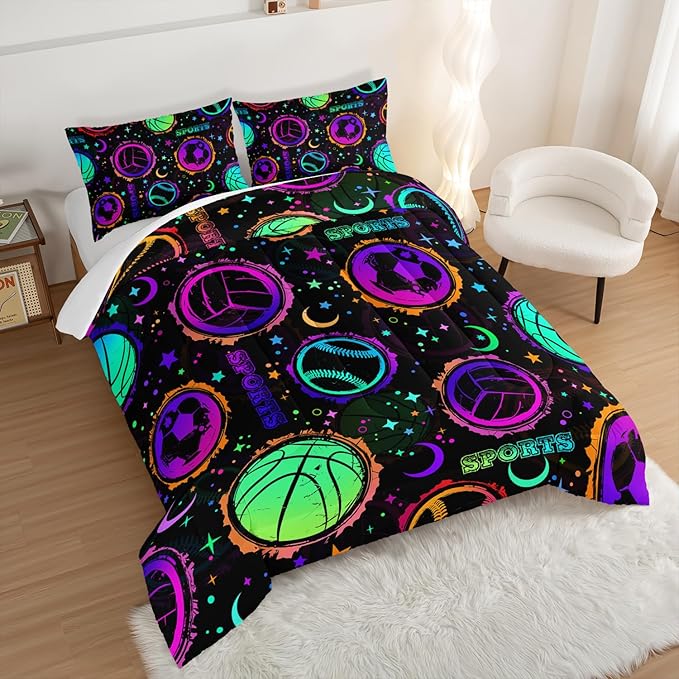 Ball Games Bedding Basketball Football Baseball Full Comforter Set,Colorful Neon Stars and Moon Bedding Set for Kids Girls Boys Room Decor,Sports Aesthetic Bedding Sets with 2 Pillowcases.