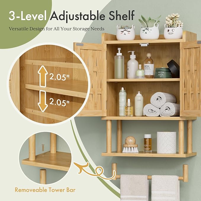 AmazerBath Bathroom Wall Cabinets with Strip Weaving Door, Medicine Cabinets with Towel Bar, Hanging Over Toilet Storage Organizer Cabinet for Small Spaces, Adjustable Shelves, 8.3x16.5x26.6 Inches
