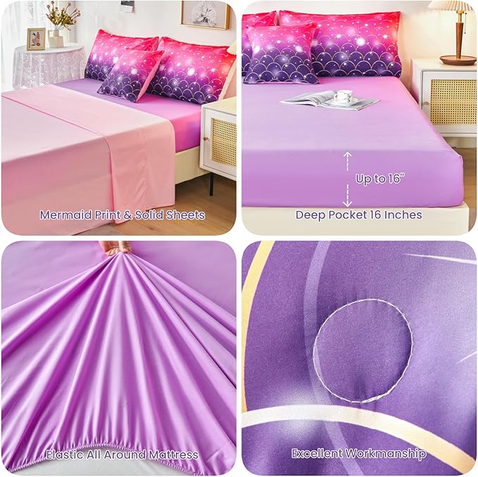 URBONUR Pink Purple Comforter Set Full Size for Girls 6 Piece Bed-in-a-Bag Glitter Mermaid Kids Bedding with Sheets