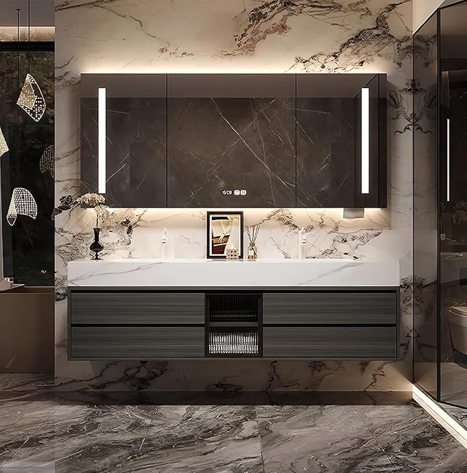 88IN Bathroom Vanity with Double Sink, Modern Bathroom Vanity with LED Smart Defog Mirror Cabinet & Integrated Ceramic Sink, Floating Vanities with Drawers and Glass Cabinet Door (Grey Wood)
