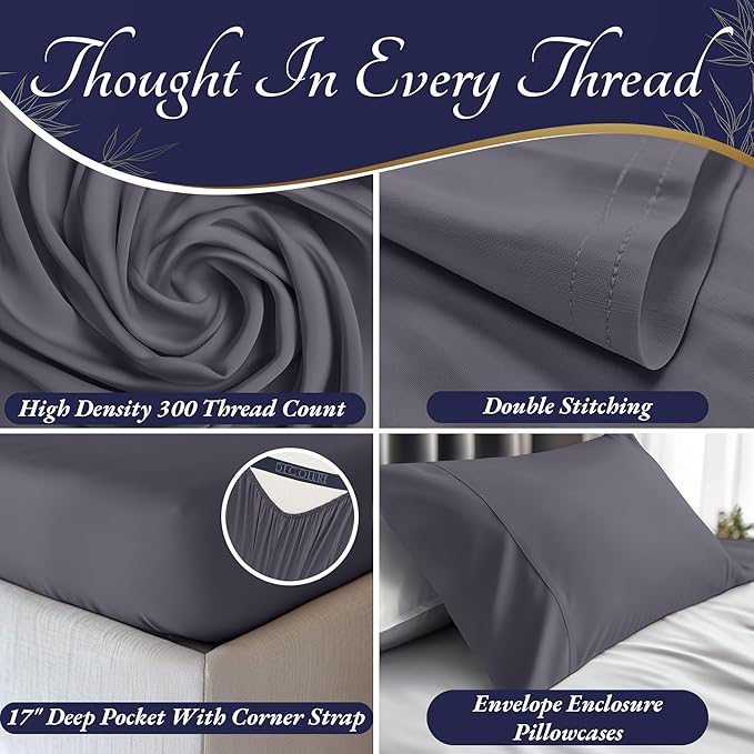 DECOLURE 100% Viscose Derived from Bamboo Sheets Full Size 4pcs - Ultra Soft & Luxuriously Cooling, 17" Deep Pocket, Double Stitching, Perfect for Hot Sleepers - Full Bed Sheets (Grey)