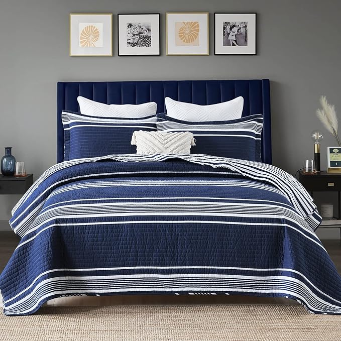 Y-PLWOMEN Queen Quilt Set - 100% Cotton Queen Quilt, Navy Blue Striped Quilt for Queen Bed, Lightweight Reversible Queen Size Bedspread for All Season, 3-Piece