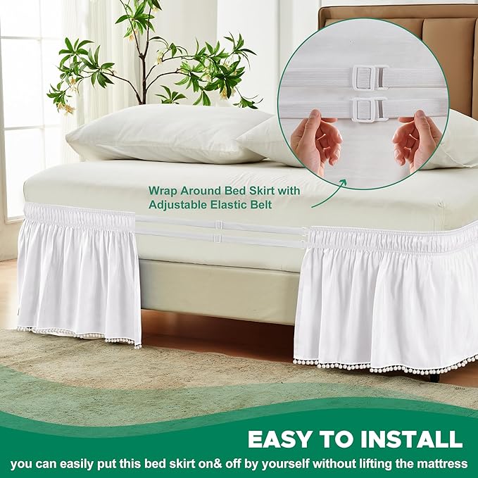 Biscaynebay Wrap Around Bed Skirts with Pompom for King Beds 15" Drop, White Adjustable Elastic Dust Ruffles Easy Fit Wrinkle & Fade Resistant Silky Luxurious Fabric Machine Washable