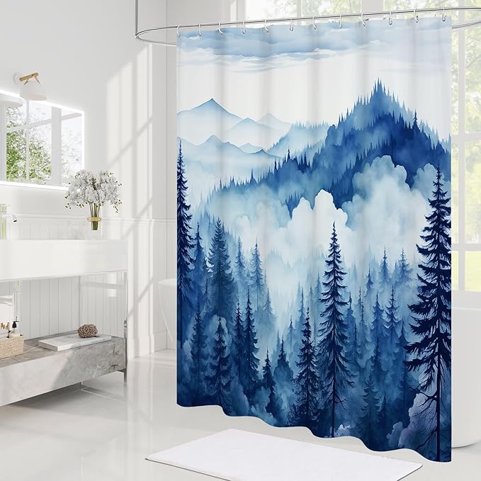 Navy Blue Misty Pine Forest Shower Curtain, Mountain Foggy Woodland Scenery Tree Shower Curtains for Chic Rustic Bathroom, Abstract Modern Waterproof Nature-Themed Decor, 72x72 Inches