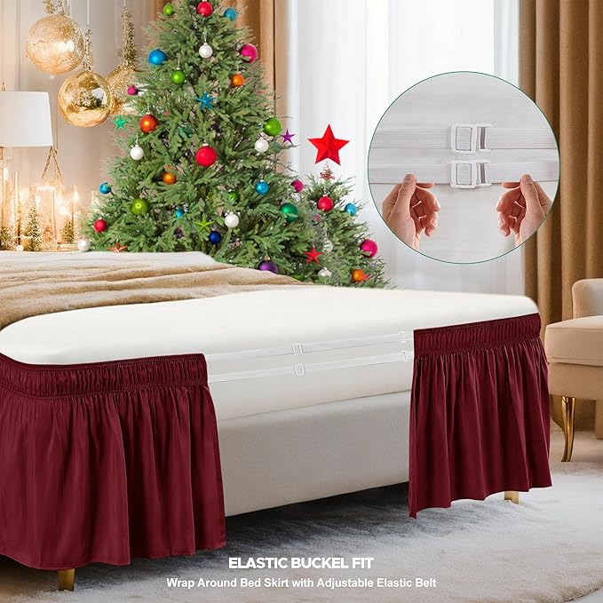 Biscaynebay Wrap Around Bed Skirts for Twin & Twin XL Beds 15" Drop, Burgundy Adjustable Elastic Dust Ruffles Easy Fit Wrinkle & Fade Resistant Silky Luxurious Fabric Machine Washable
