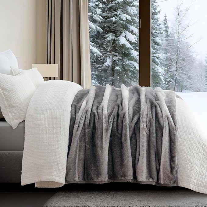 EVERGRACEHOME Ultra Soft Luxury Fluffy Mink Faux Fur Throw Blanket, Thick Warm Fall Winter Blankets for Bed, Couch, Cozy Plush Reversible Blanket for Chair, Sofa (Ombré Silver Onyx, 50"x60")