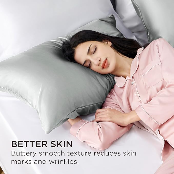 Bedsure Satin Pillowcase with Zipper, Similar to Silk Pillow Cases 2 Pack, Grey Satin Pillow Cases Standard Size, Silky & Soft Pillow Covers for Hair and Skin, Gifts for Women Men, 20x26 Inches
