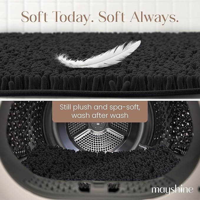 MAYSHINE Plush Shaggy Chenille Bath Mat | Extra Soft, Super Absorbent, Non-Slip Bathroom Rug | Fluffy Microfiber, Area Rug Sets for Bathroom Floor, Kitchen, Living Room | 39"x24" | Black