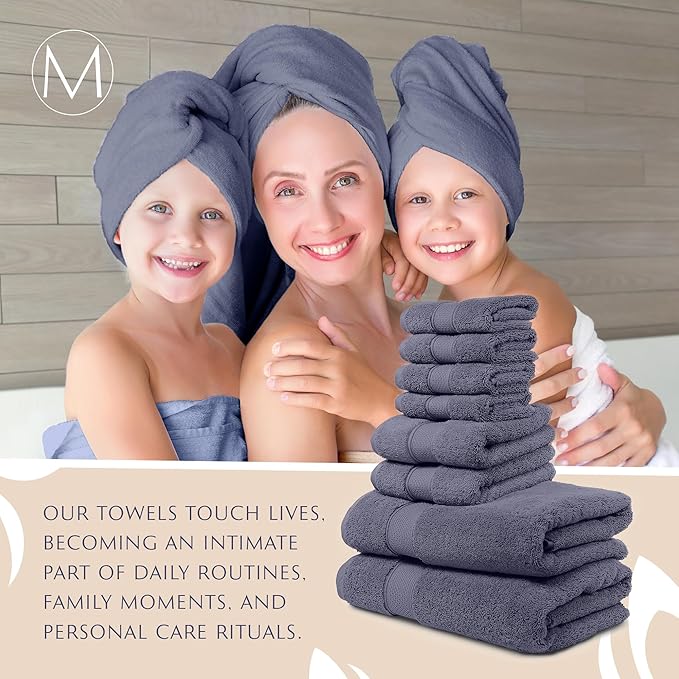 MAURA Indigo Blue Bath Towel Set of 8 for Bathroom. Turkish Cotton Luxury Bath Towels. Extra Large, Thick, Plush & Soft. Hotel & Spa Quality - Denim Blue