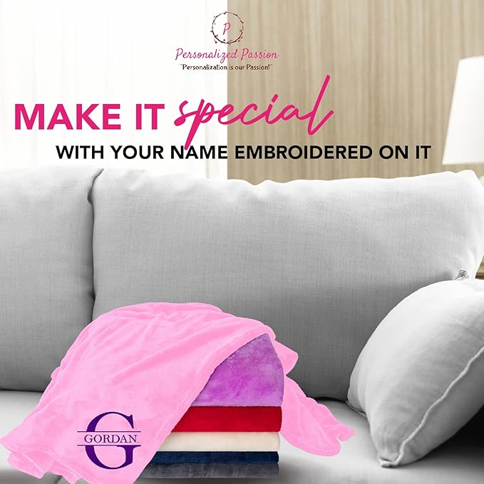 Personalized Passion Blankets with Custom Name & Initial Monogram - Super Soft and Cozy Fleece - Unisex Custom Blanket for Him and Her - 80x60 Inches - Light Pink