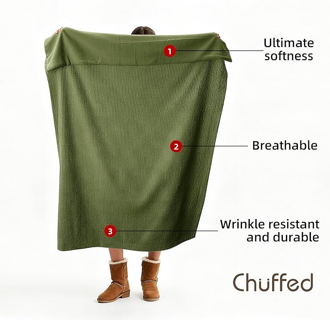 CHUFFED Cotton Waffle Blanket King Size-Plush Milk Velvet & Reversible Waffle Weave,Anti-Static 300Gsm Design，Thick Cozy Soft Winter Blanket for Bed, Couch, Sofa - Olive Green, 104x90 Inches