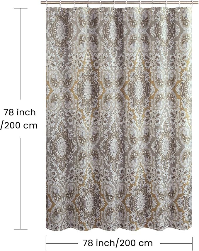 Long Fabric Shower Curtain, Beige Grey Blue Printed Boho Paisley Damask Pattern Shower Curtains for Bathroom, Waterproof Bathroom Curtains, 78" W x 78" H
