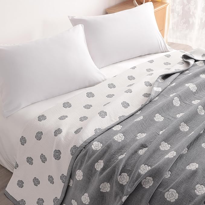NTBAY 3 Layers Cotton Muslin 106x92 King Bed Blanket, Super Soft Breathable Thermal Yarn Dyed Quilt for Adults, Perfect Lightweight Blanket for Couch Sofa Bed All Seasons, Grey Rose