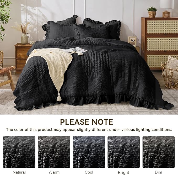 JOLLYVOGUE Black Queen Comforter Set, 3 Pieces Seersucker Comforters Queen Size, Lightweight & Fluffy Bedding Sets Queen for All Season with 1 Ruffle Comforter and 2 Ruffle Pillowshams