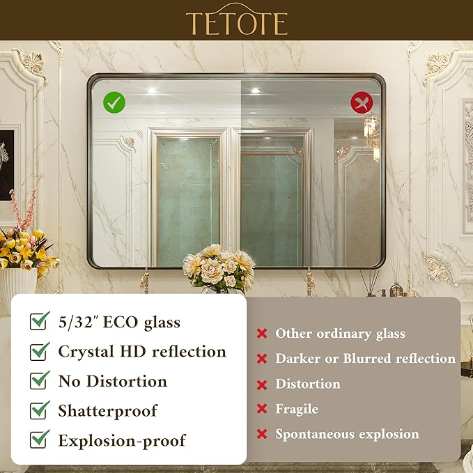 TETOTE 60 x 30 Inch Silver Vanity Mirror, Brushed Silver Rectangle Metal Framed Modern Mirrors for Bathroom, Farmhouse Round Corner Wall Mounted Mirror (Horizontal/Vertical)