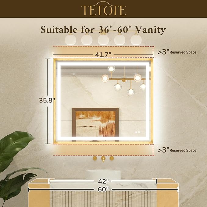 TETOTE 42 x 36 Led Mirror Brushed Gold Metal Frame Frontlit & Backlit Vanity Mirror Anti-Fog Stepless Dimmable 3 Colors White/Warm/Natural Wall Mirror with Lights Wall-Mounted