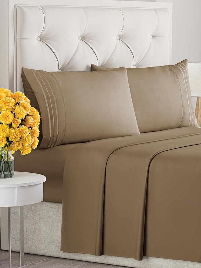 Cal King Size 4 Piece Sheet Set - Extra Soft, Breathable & Cooling Sheets - Hotel Luxury Bed Sheets for Women & Men - Deep Pockets, Easy-Fit & Wrinkle-Free Sheets - Neutral Brown Oeko-Tex Bed Sheets