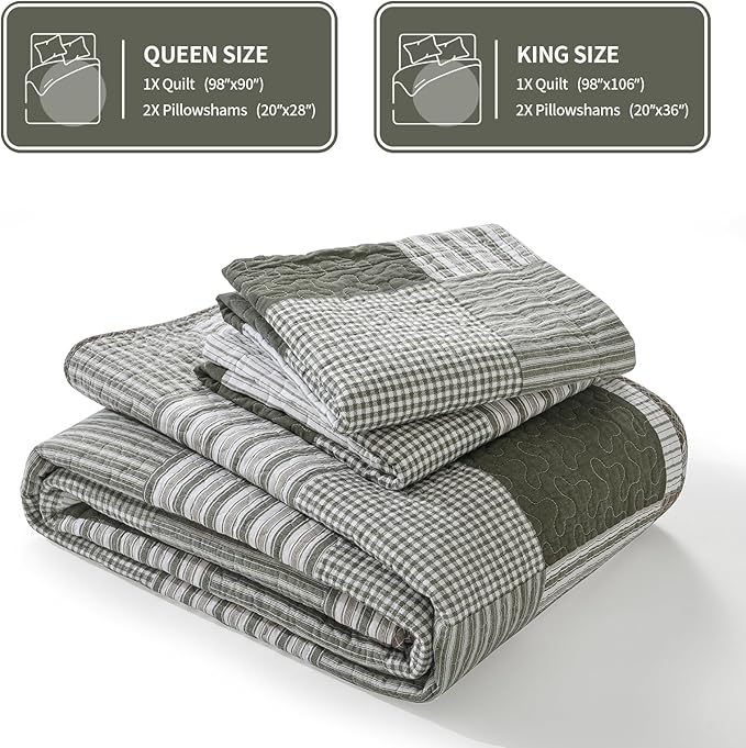 KALOOLA Moonbeam Green Plaid Queen Size Quilt Set - 100% Cotton Lightweight Breathable Quilted Bedspread, All-Season Queen Quilt Bedding Set 3 Pieces, Farmhouse Printed Coverlet for Cozy Comfort