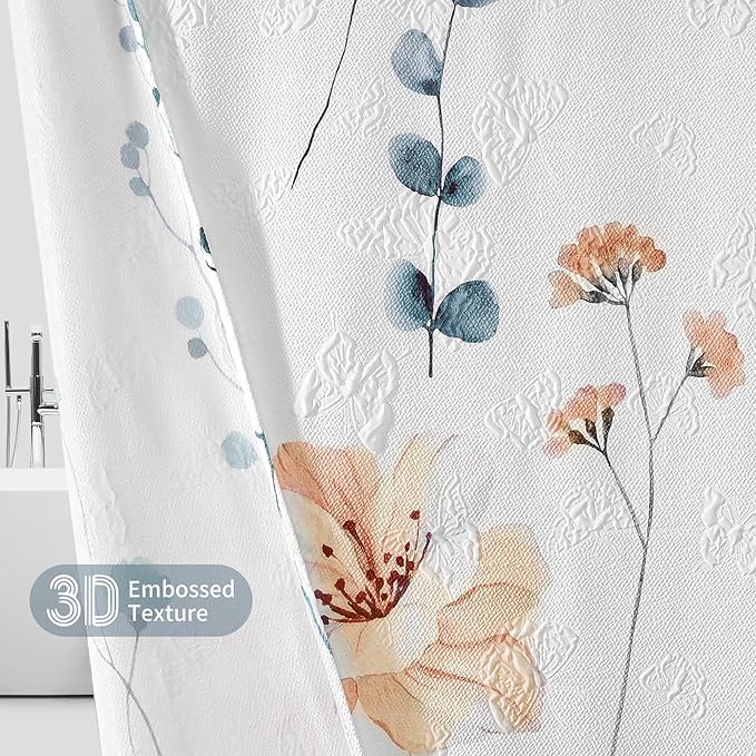 QiyI Small Stall Shower Curtain 36 x 72, Narrow Half Watercolor Floral Bath Curtain, 3D Embossed Blue Beige Flower Cloth Bathroom Curtain, Waterproof Fabric White Shower Curtain Set with Hooks