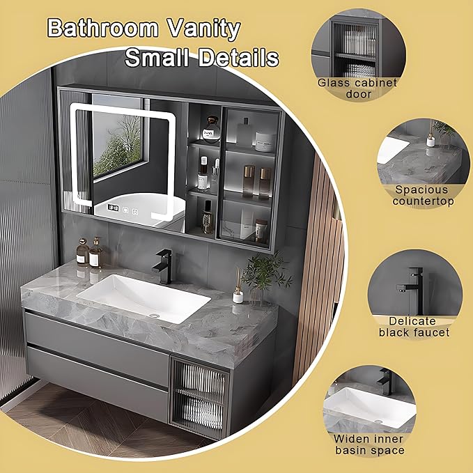 Gray 32IN Modern Bathroom Vanity - Wall-Mounted Bathroom Storage Cabinet & Bathroom Vanity with Sink, Bathroom Medicine Cabinet Wall Mounted, Defogging & Led Lighting | Bathroom Cabinet Slim