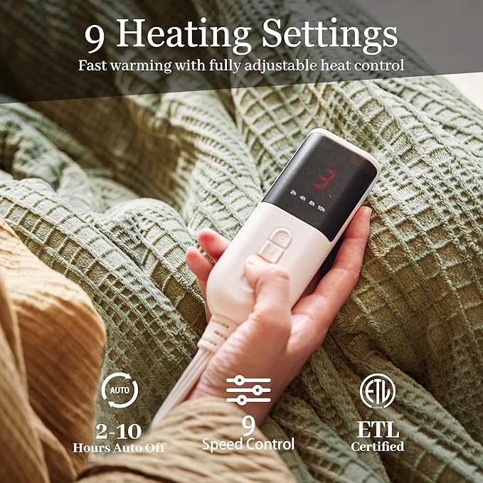 Electric Blanket Full Size 72''X84'' - Heated Blanket with Single Control Fast Heating 9 Heating Levels & 10 Hours Auto Off,ETL Certified Machine Washable (Gray Green)