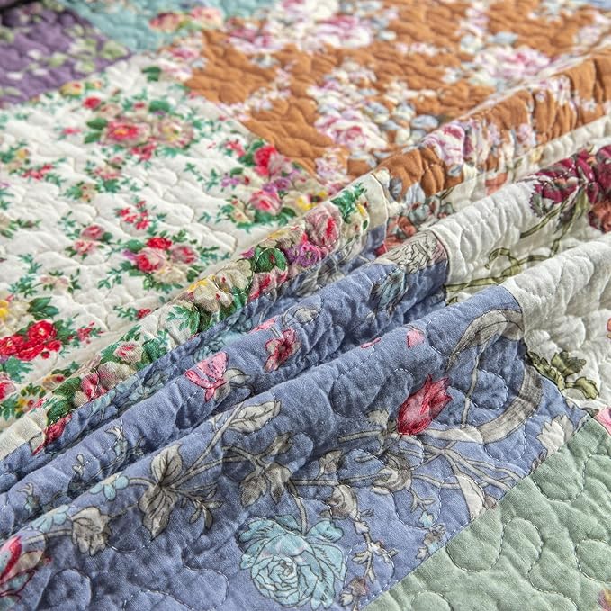 YAYIDAY Oversized King Bedspreads Patchwork Quilt Set (120x118 Inch) - 100% Cotton Reversible Breathable Floral Quilted Coverlet with Pillow Shams Fit All Season