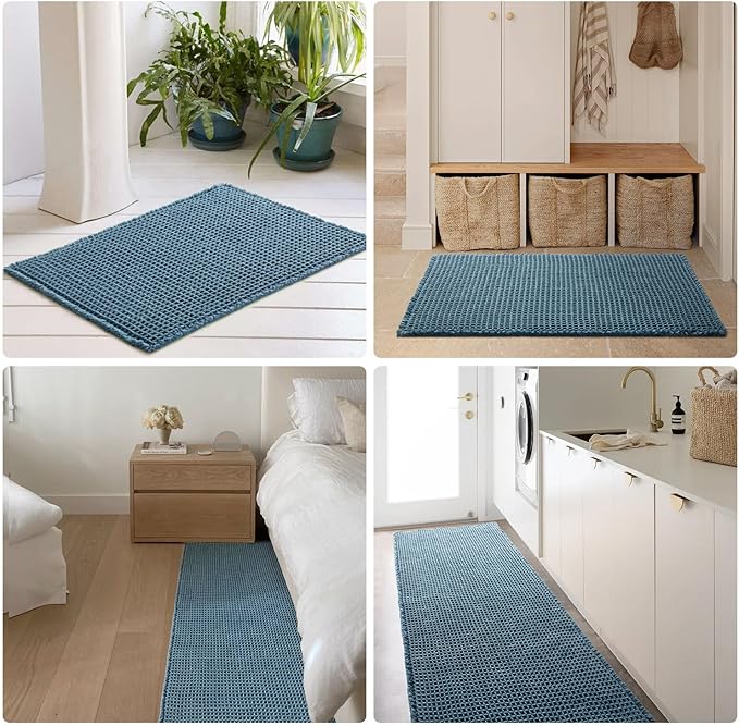 Waffle Bath Mat, Boho Bathroom Rugs Non Slip Washable Super Absorbent Quick Dry Bath Mat Farmhouse Bathroom Decor, 24"x16" Denim Blue