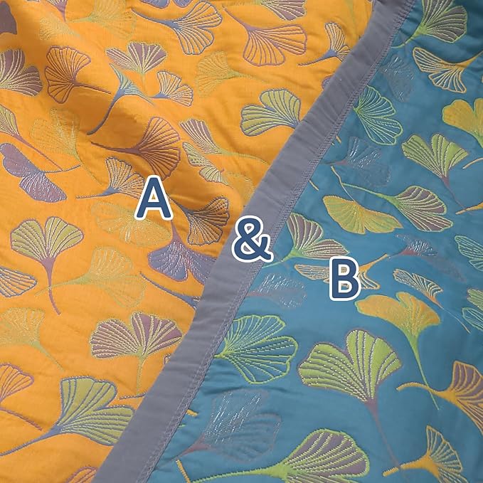 Ginkgo Leaf Cotton Quilt Blue Orange Reversible King Size Bedspread Coverlet for All Seasons Lightweight Muslin Quilt Throw Blanket for Bed, Couch (King)