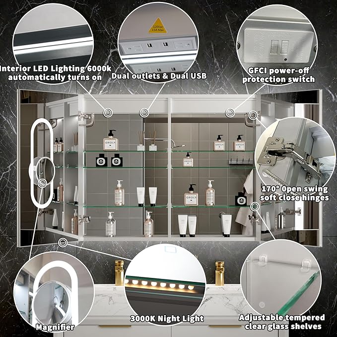40"x32"Lighted Medicine Cabinet with Mirror，Recessed or Surface Mount LED Medicine Cabinet, Front&Backlit, Clock Temp Display, Anti-Fog, Stepless Dimming, 3-Color Temperatures, Adjustable Shelves